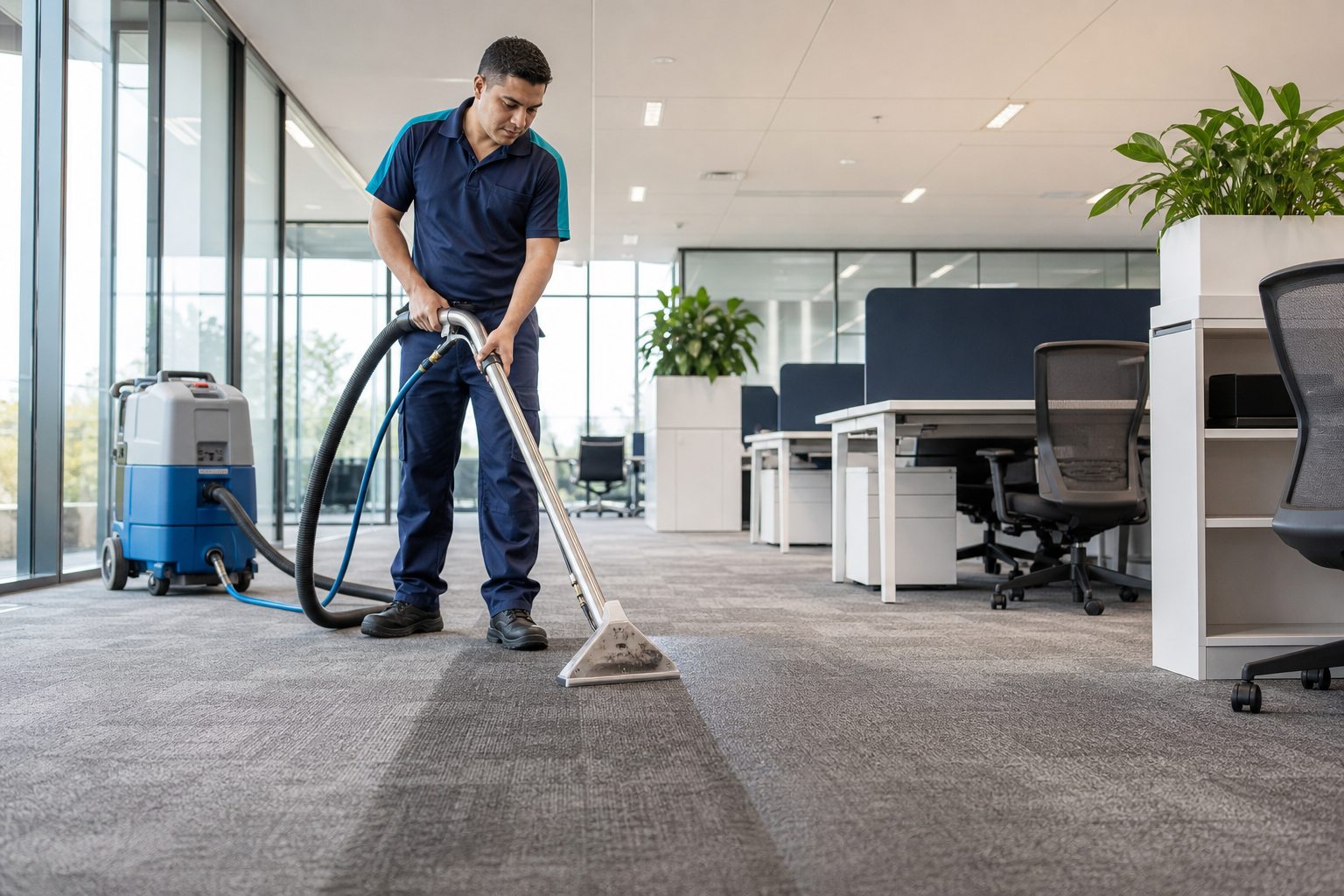 Commercial carpet cleaner using an extraction machine in a Perth office