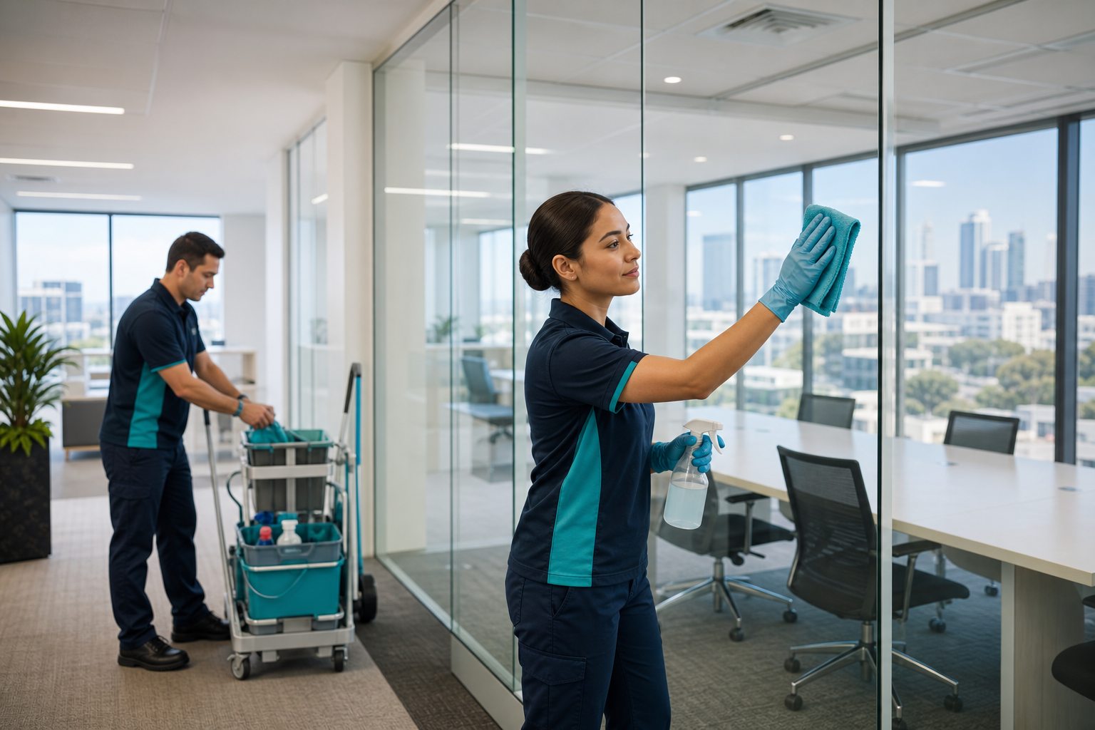Professional commercial cleaners cleaning a modern Perth office