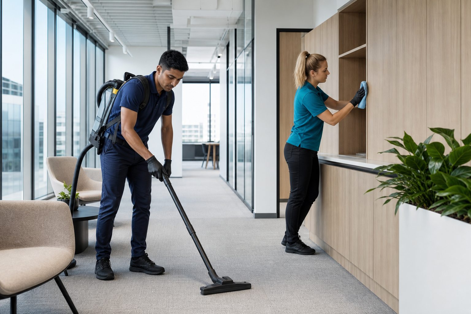 Professional post-construction cleaners detailing a completed Perth office fit-out