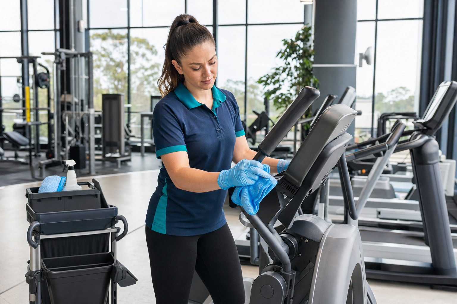 Professional cleaner disinfecting fitness equipment in a modern Perth gym