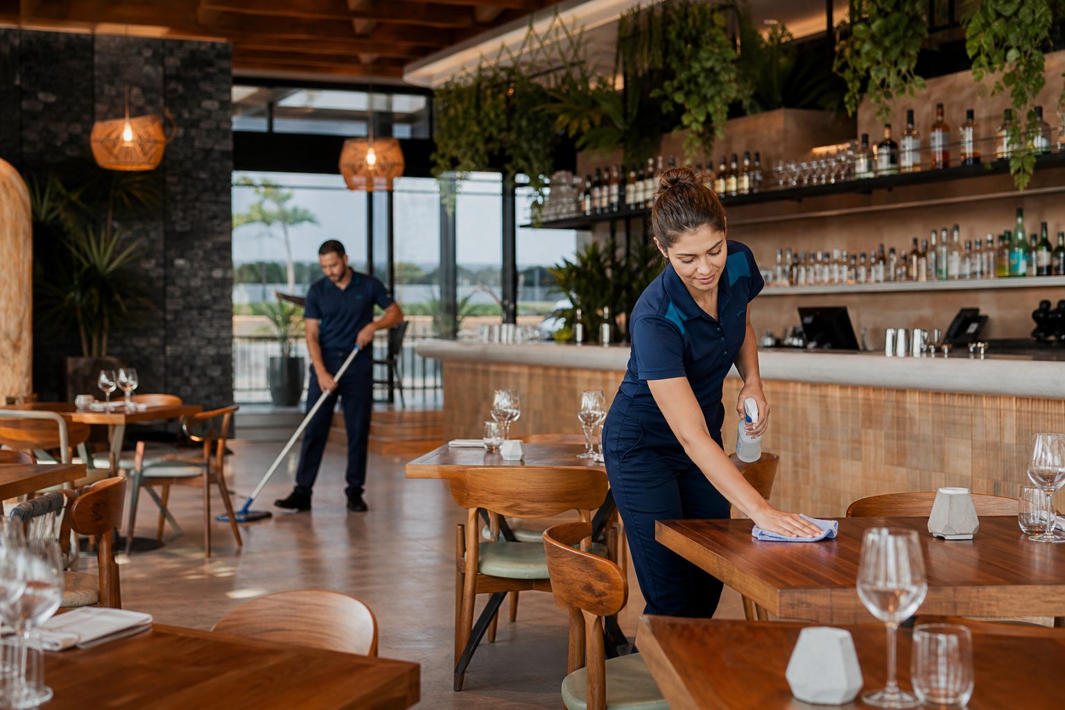 Professional cleaners preparing a Perth restaurant dining room after closing