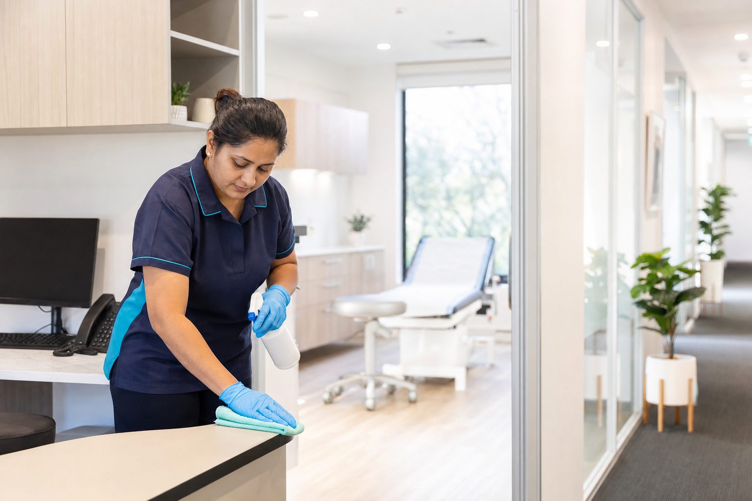 Professional cleaner disinfecting a reception surface in a Perth medical centre