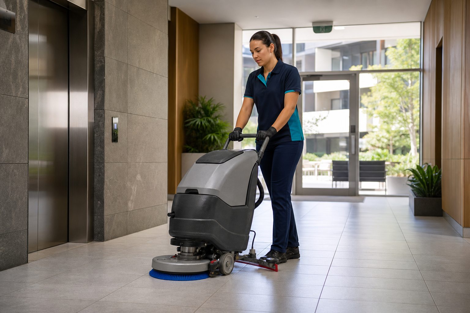 Strata cleaner operating a floor scrubber in a modern Perth apartment lobby