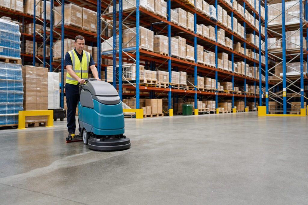Industrial cleaner operating a floor scrubber in a Perth warehouse