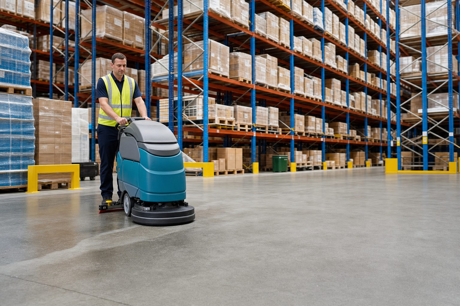 Industrial cleaner operating a floor scrubber in a Perth warehouse