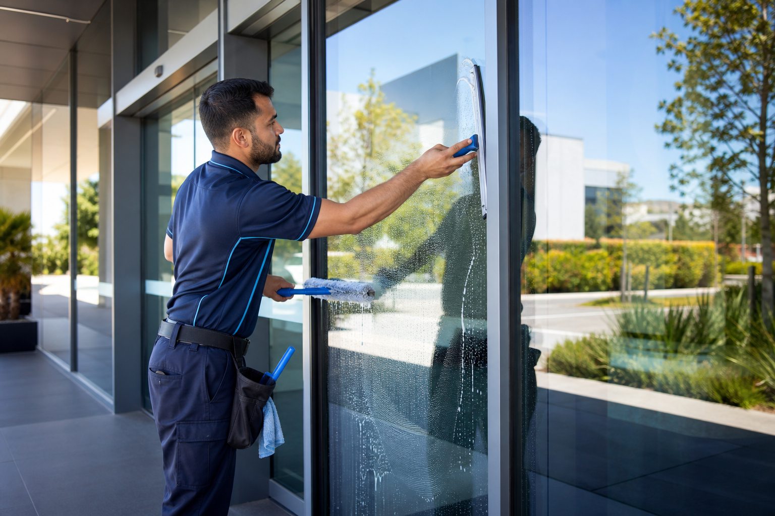 Professional cleaner washing accessible windows at a Perth commercial building